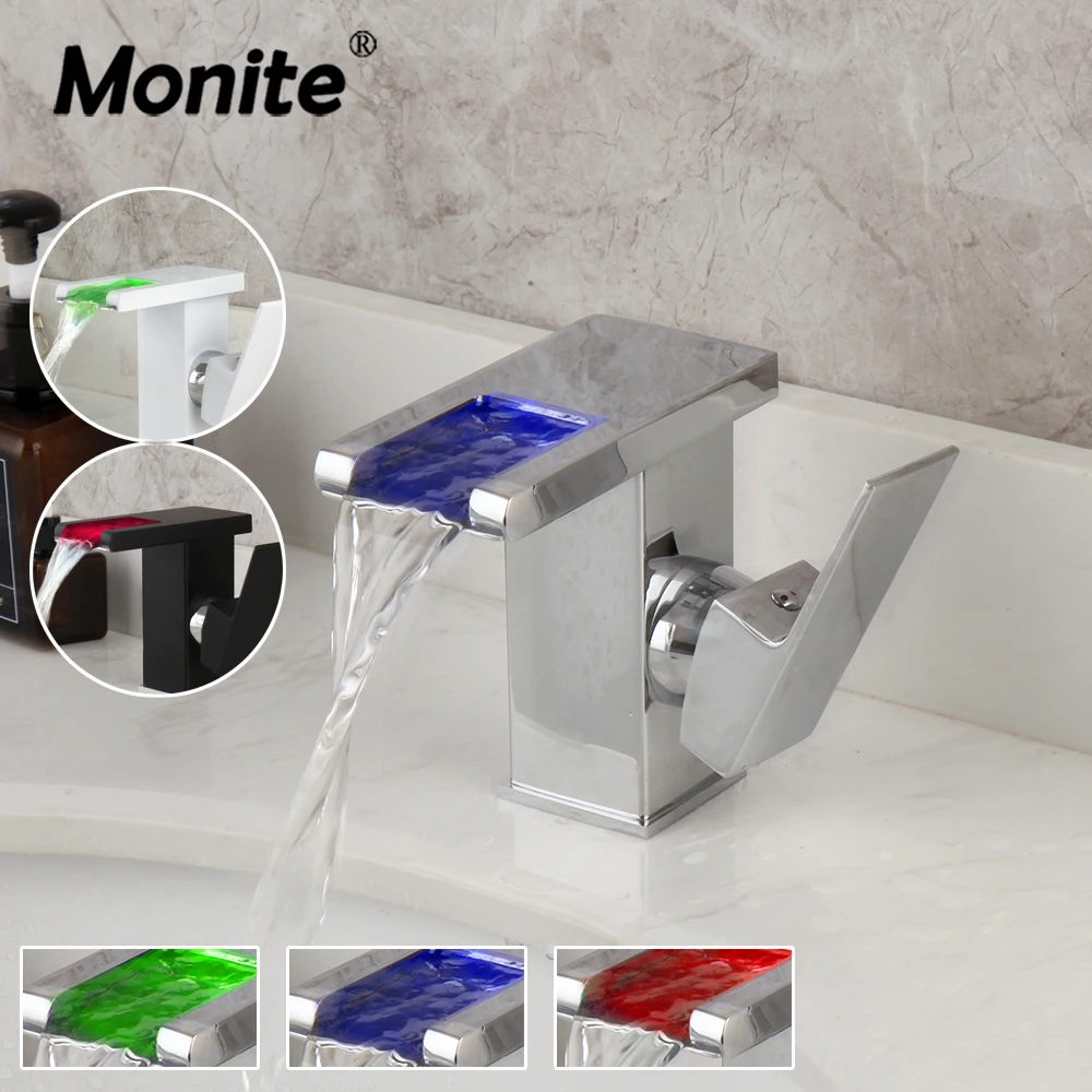 

Monite 3 Colors Bathroom LED Waterfall Basin Faucet Wash Sink Mixer Tap Black Deck Mounted Solid Brass Water Power Led Basin Tap