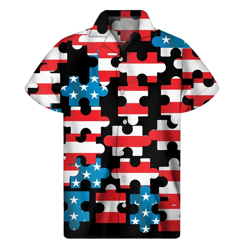 Men Casual Short Sleeve Lapel Shirt Black Base US Flag Puzzle Print Beach Vacation Outdoor Unisex Button Up Tops