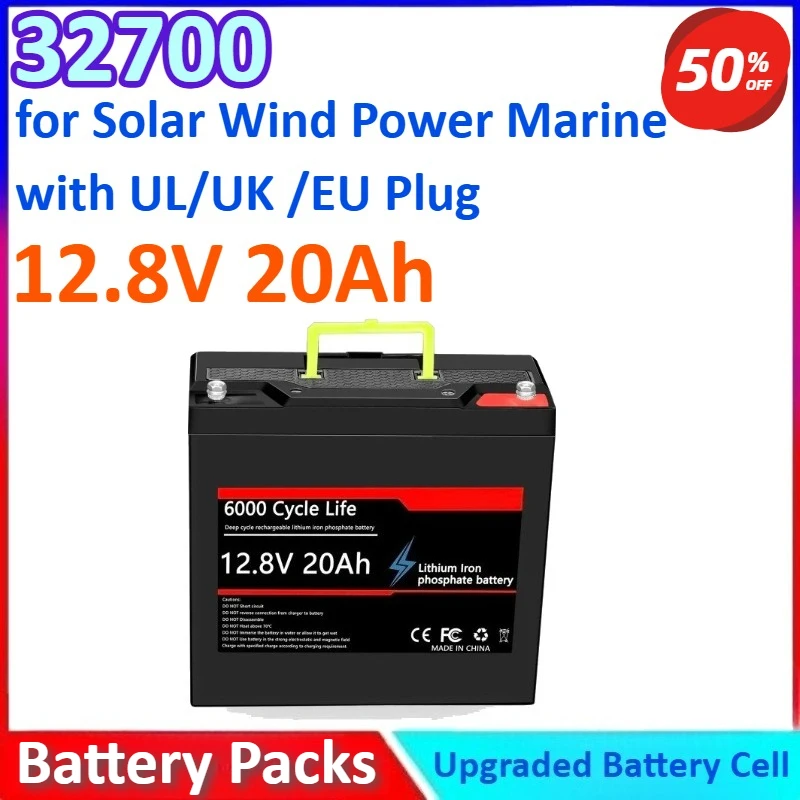 

32700 12.8V 20Ah Lithium Battery LiFePO4 DeepCycle Rechargeable Battery with BMS for Solar Wind Power Marine with UL/UK /EU Plug