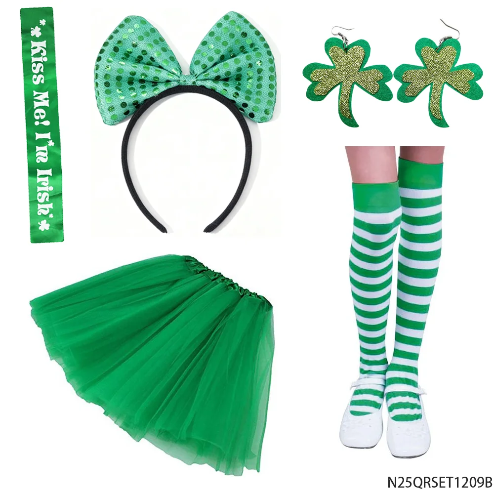PESENAR ชุดเครื่องแต่งกายสีเขียววันเซนต์แพทริก ที่คาดผม ต่างหู กระโปรงตูตู ถุงเท้า อุปกรณ์เสริม