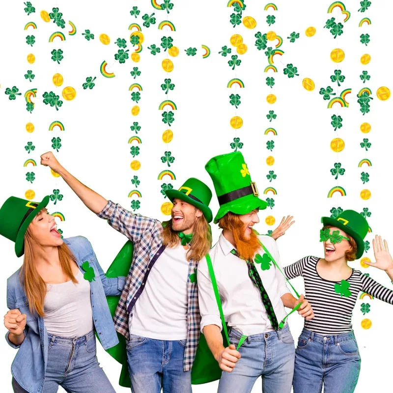 4Pcs St Patrick’s Day Green Gold Clover Rainbow Gold Coin Hanging Garlands Backdrop for St Patricks Day Irish Party Decorations