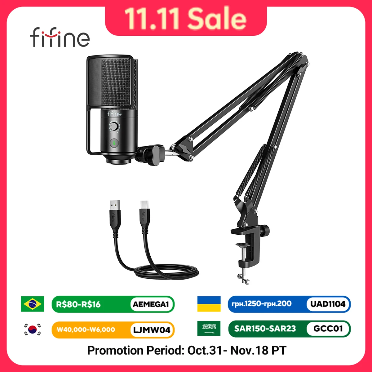 FIFINE USB Streaming Microphone Kit with Arm Boom,Condenser Mic Set with Mute Button,Gain Knob for PC,Recording,YouTube-T669PRO1