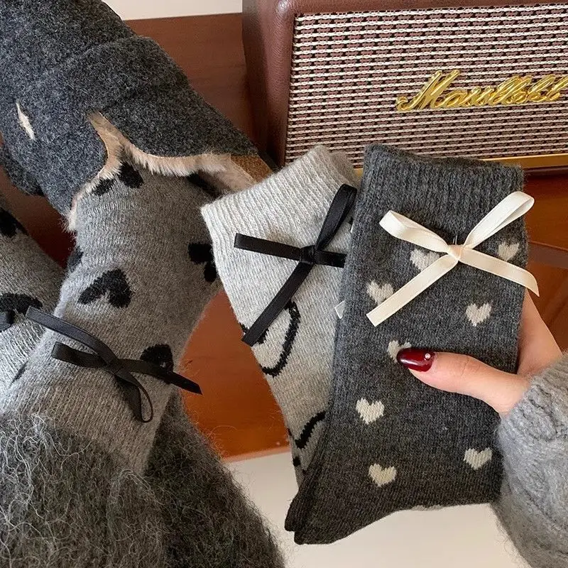 

5 пар женских носков, осенне-зимний комплект толстых теплых носков, корейские милые носки в горошек с сердечком и бантом Kawaii, милые универсальные носки средней длины