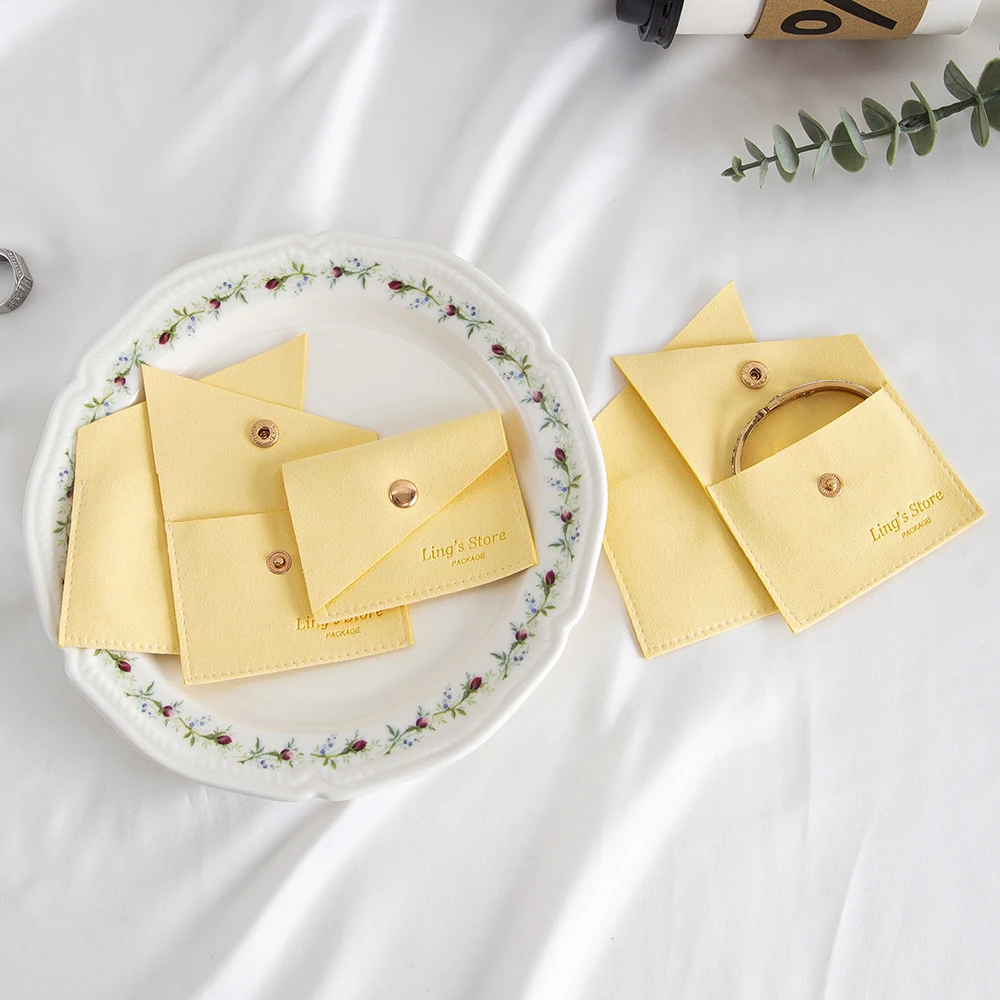 

100Pcs Lovely Personalized Yellow Microfiber Purse Snap Bag Small Boutique Packagin Wedding Ring Earrings Necklace Pearl Pouches