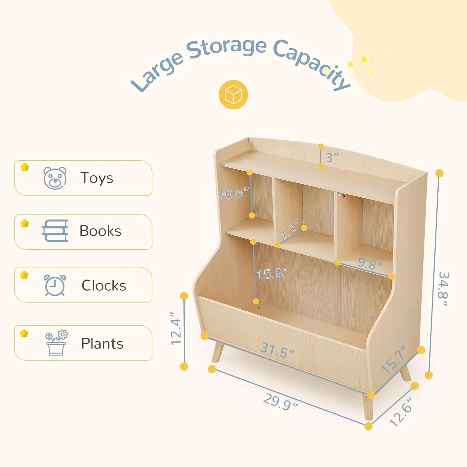 Kids Bookshelf and Toy Storage, 3-Tier Wooden Bookcase, Baby Book and Toy Storage Display Organizer with Spacious Top Shelf for