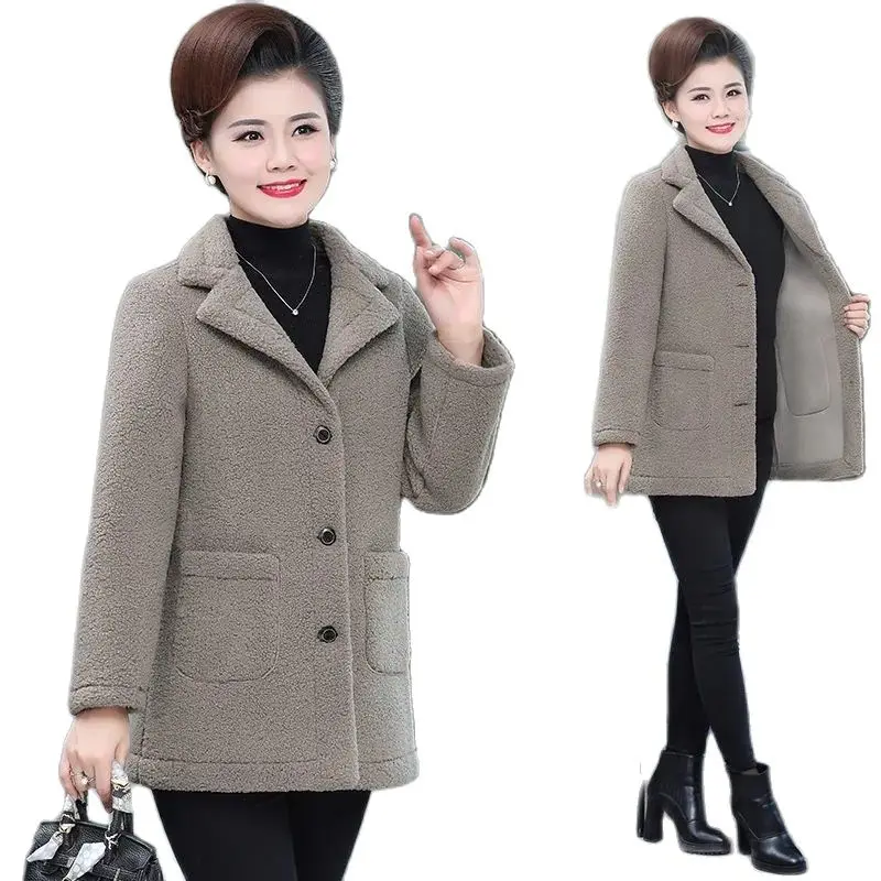 

Suit Collar Lamb Wool Coat Middle-Aged Elderly Women's Autumn Winter Jacket New Grain Velvet Fur One-Piece Thicken Woolen Coat