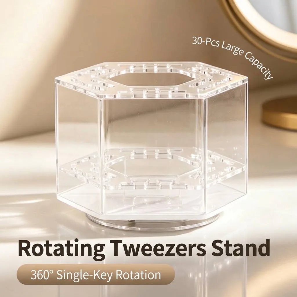 Clear Acrylic 360° Rotating Tweezer Holder, Hexagonal 30-Hole Stand Organizer for Eyelash Extension Tweezers & Beauty Tools