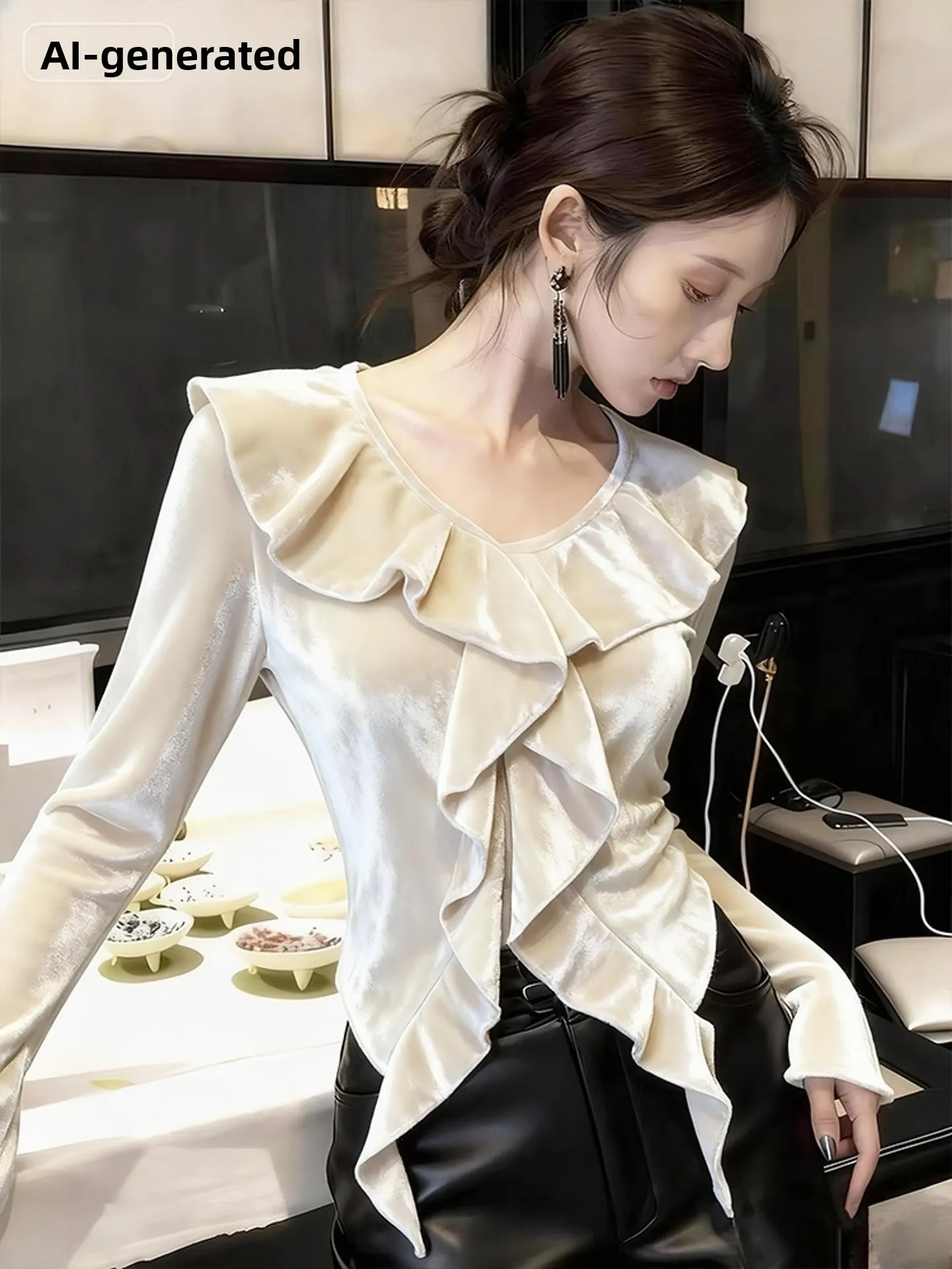 

Champagne White Velvet Shirt Women's Autumn Winter Elegant Lady High-End Feeling Unique Bell Sleeve Shirt Korean Style Commute