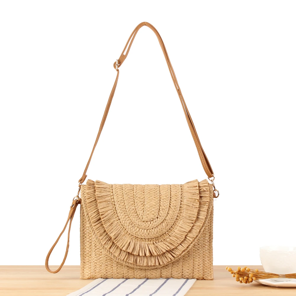 

New Straw Handmade Weave Clutch Bag Solid Color Pouch Purse Female Summer Flap Bohe Beach Wallets Crossbody Bag