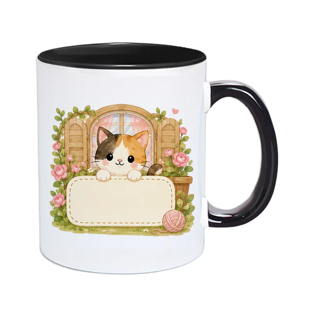 11oz Ceramic Coffee Mug with Cute Calico Cat Window Flower Design Home Use Coffee Cup for Valentine's Day Birthday Holiday Prese