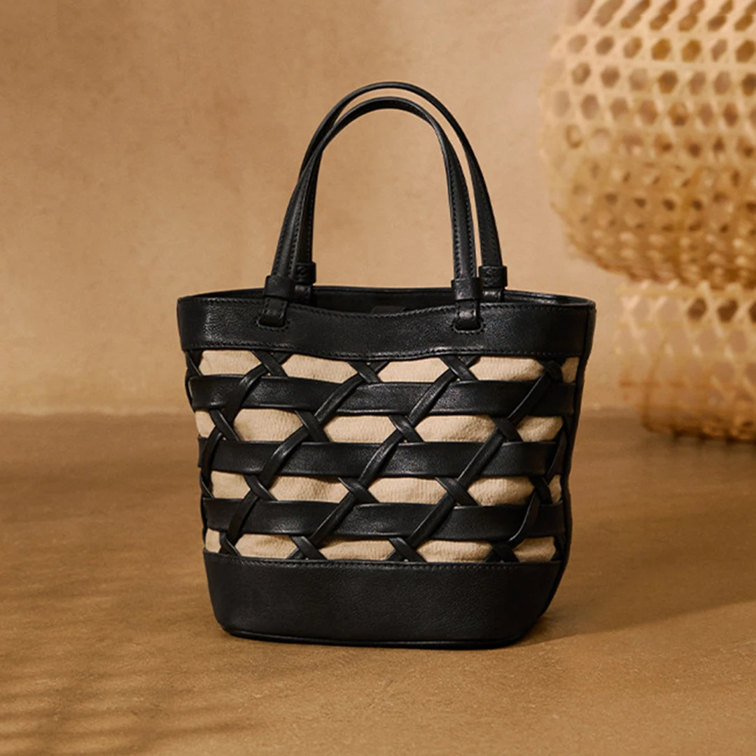 

Women Genuine Leather Woven Tote Bag Canvas Liner Diamond Pattern Crossbody Shoulder Handbag Vintage Bohemian Casual Daily Commu