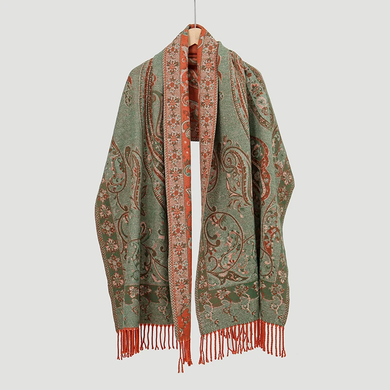 Winter Warm Thick Ethnic Style Jacquard Scarf Outdoor Women Travel Paisley Cashmere Tassel Shawl Neck Wrap Pashmina Floral