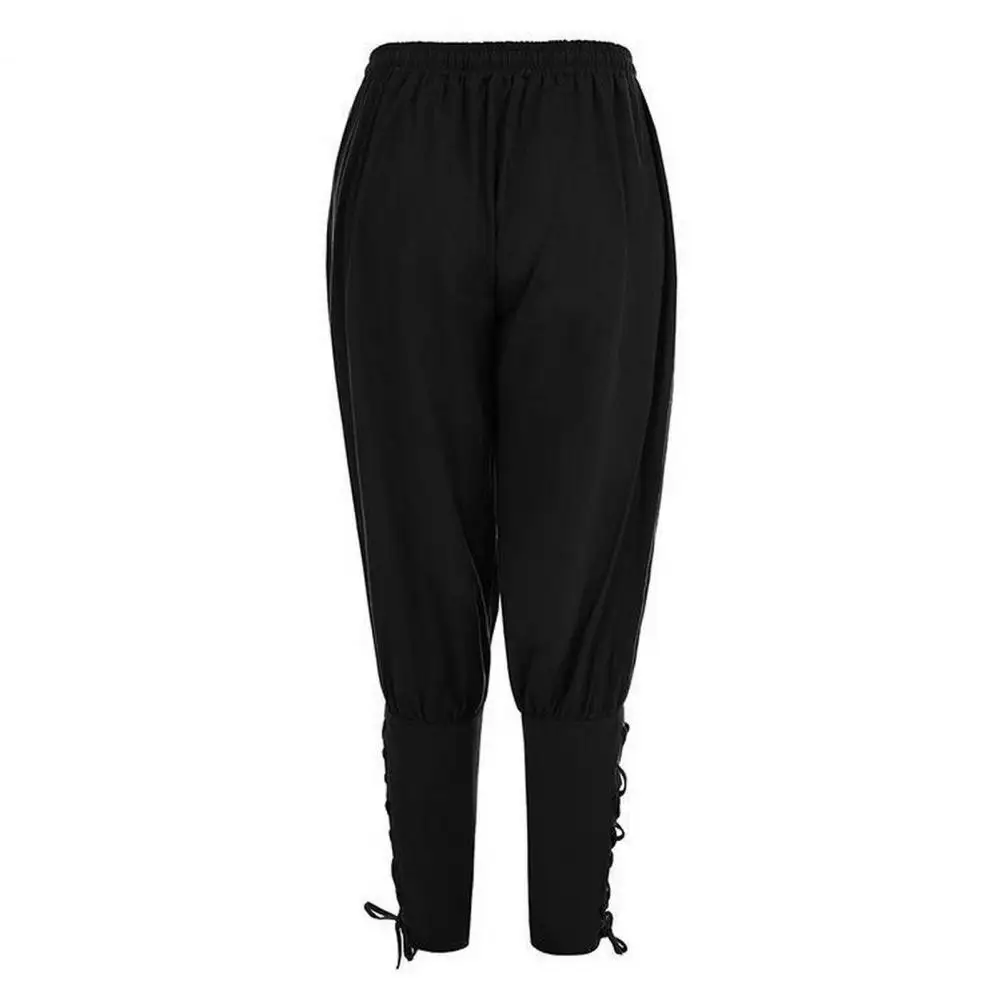 Men Casual Trousers Medieval Pirate Men's Ankle-banded Pants with Lace-up Strap Elastic Waist Loose Pleated Cropped for Cosplay