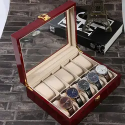 10 Grids Wooden Wrist Watch Display Box Jewelry Storage Organizer Case