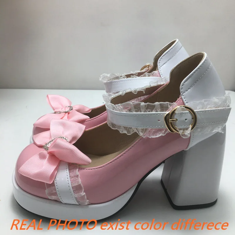 SIMLOVEYO Sweet Lolita Girls Pumps Round Toe Block Heels 9.5cm Platform Buckle Strap Bowknot 42 43 Pink Women Shoes Mixed Color