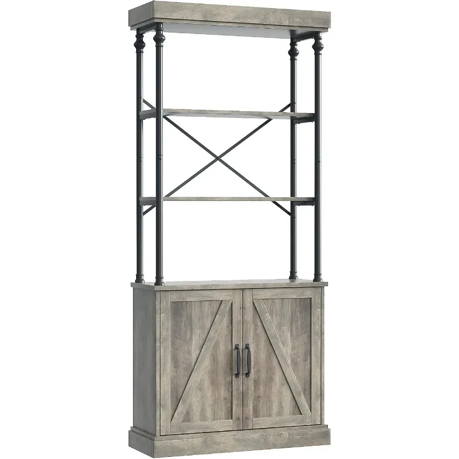 74 Inch Industrial Bookshelf for Living Room Library Home Office: Wood Construction Grey Finish with Doors 3 Open Shelves Roman
