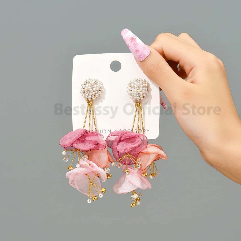 Simulated Pearl Earrings For Women Cute Flower Petal Cotton Yarn Tassel Long Pendientes Fashion Fairy Party Jewelry Accessories