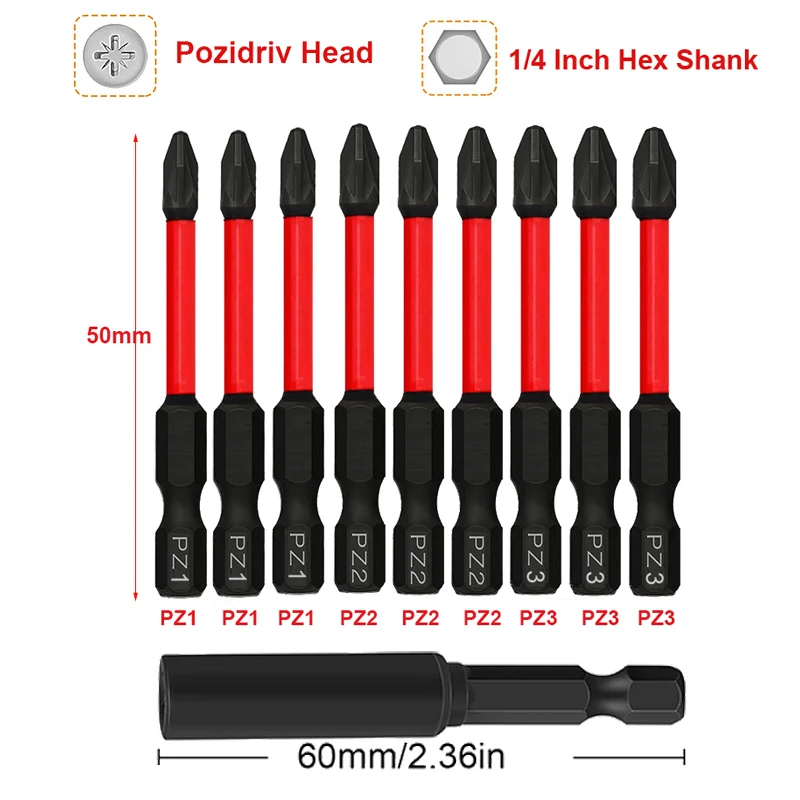 Pozidriv Screwdriver Bit with Bit Holder 50mm PZ1 PZ2 PZ3 Impact Bits 1/4 Inch Hex Shank Magnetic Screwdriver Set for Power Tool