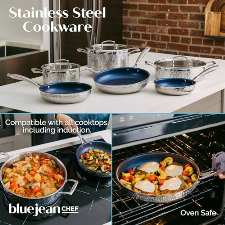 The 9Piece Stainless Steel Cookware Set Hammered Finish TriPly Construction Clad Cookware Nonstick; Induction Oven and Dishwash