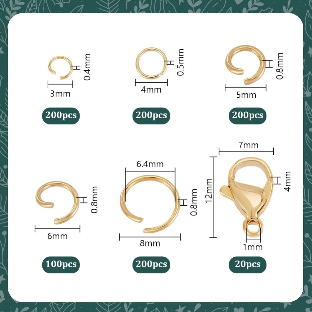 18K Gold Plated Jewelry Clasps Set 700pcs 3/4/5/6/8mm Open Jump Rings with 20pcs 12x7mm Lobster Claw Clasps making kit