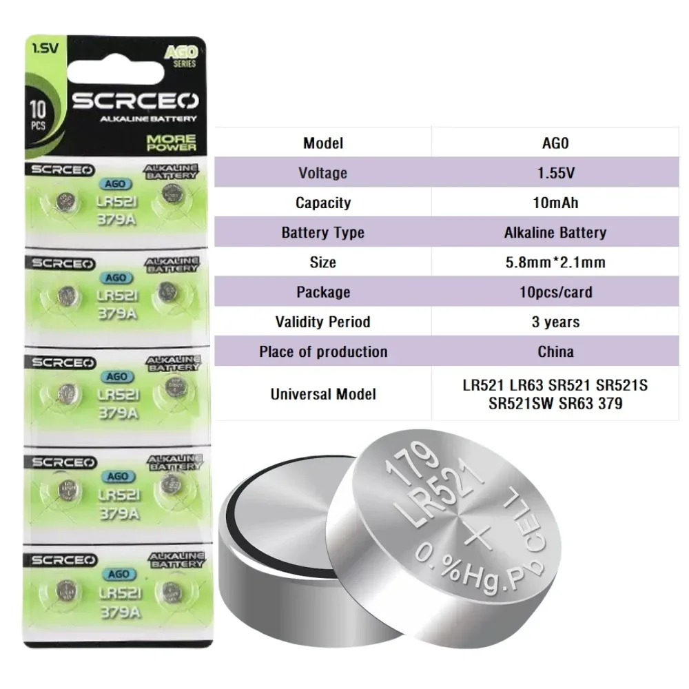 10-160PCS AG0 Button Batteries High-Capacity 10mAH LR521 SR521SW 379A 379 D379 SR63 1.5V Alkaline Coin Cell Watch Battery