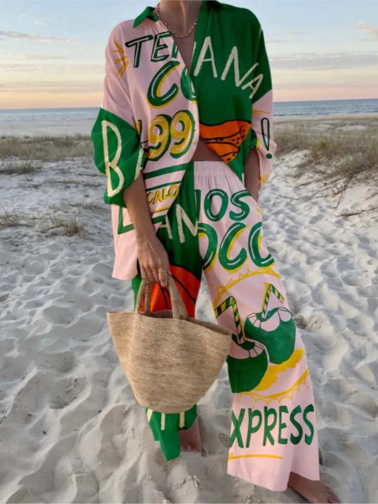

New Summer Beach Vacation Style Cruise Print 2-Piece Set Lapel Shirt+Lace-up Wide-Leg Pants For Women Cruise Outfit Holiday Suit