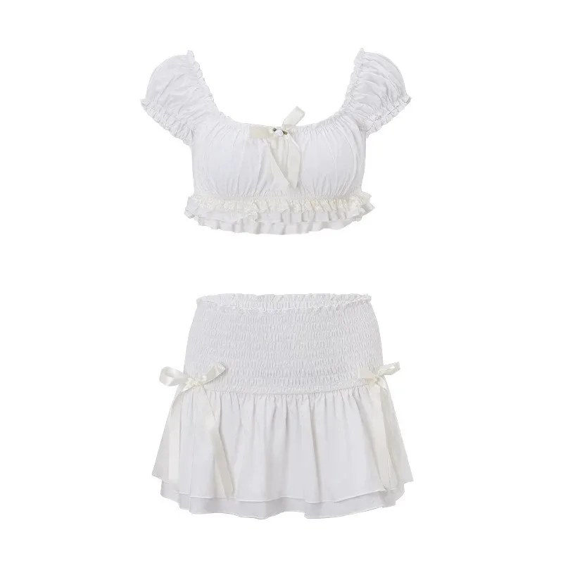 sexy kpop bow wrinkled slash collar bikinis sets 3pcs with ruffles mini skirt sweet swimsuit swimwear bathing suits tankini