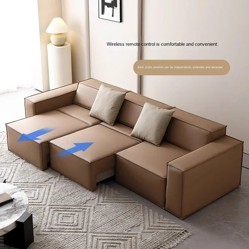 

！@Italian Normcore Cream Electric Retractable Three-Person Small Apartment Sofa Tofu Block Silicone Leather with Sponge Filling