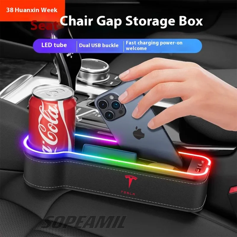 

Car USB Colour Lamp Seat Multifunctional Storage Case For Tesla Cyberbeast Model 3 Model Y Model S Model X Roadster Seat Gap Box