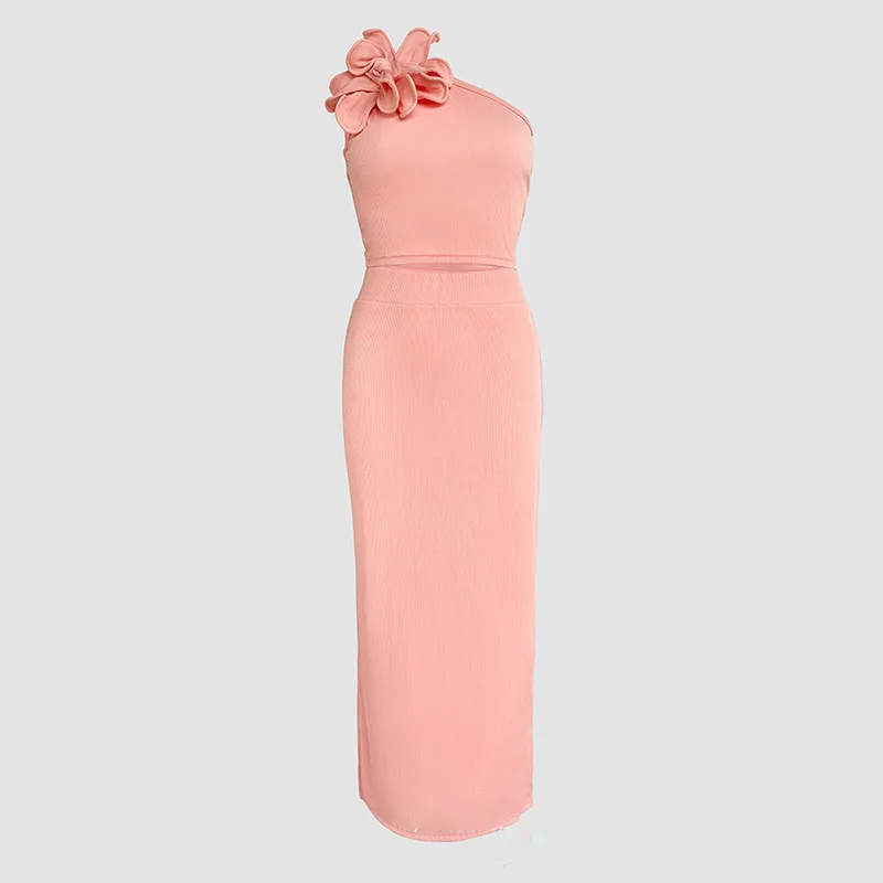 Conjunto Sexy de decoración Floral grande con cuello oblicuo, Tops cortos elegantes con hombros descubiertos y falda ceñida, trajes con temperamento, conjunto de viaje
