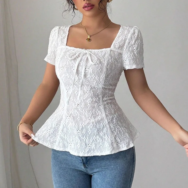 

Women's Summer Elegant Hollowed-out Lace Shirt Square Neck Bow Short Sleeve Top