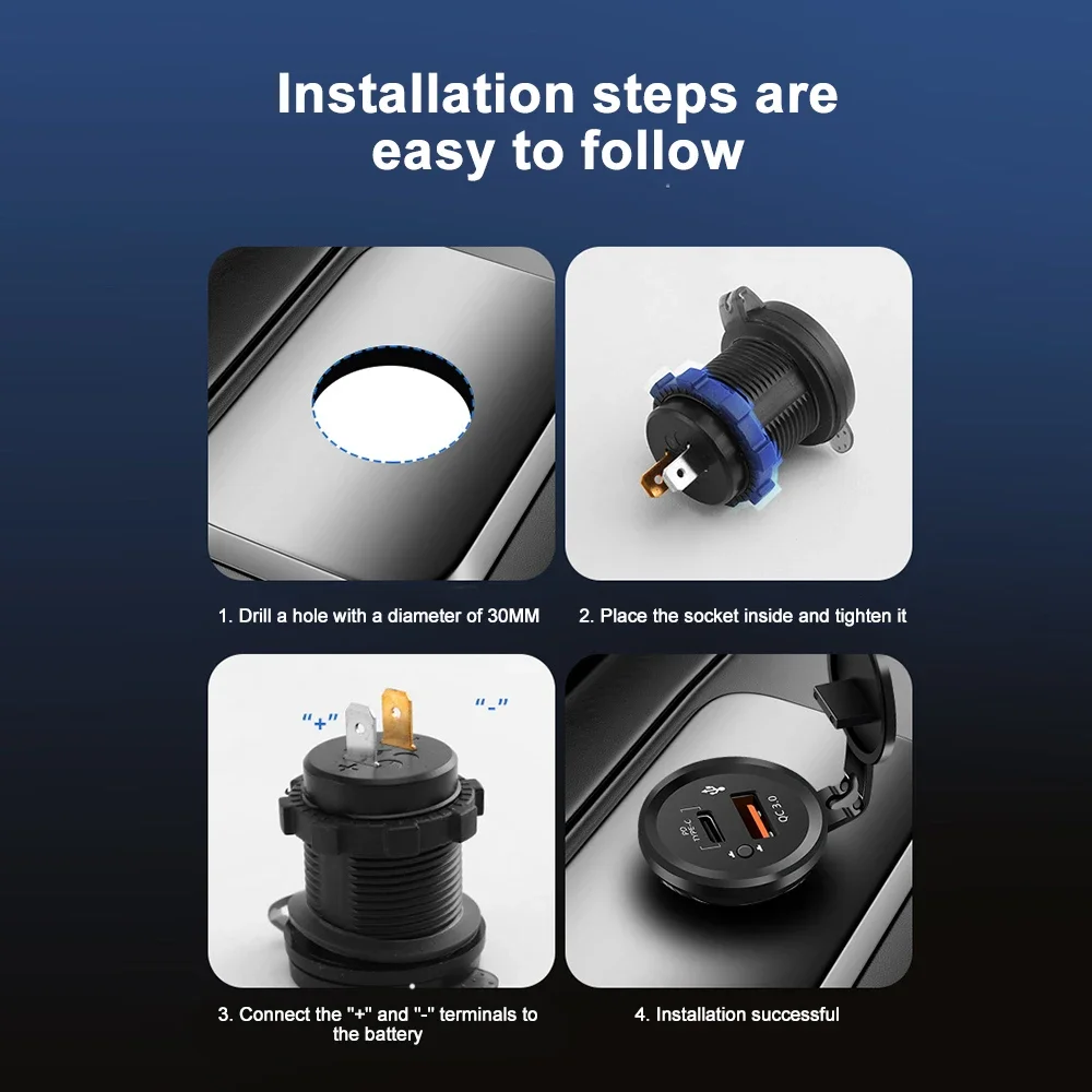 PD QC 3.0 USB C Car Charger with Switch Motorcycle Fast Charger Socket Power Outlet Adapter Waterproof for 12V/24V Car ATV Boat view 5