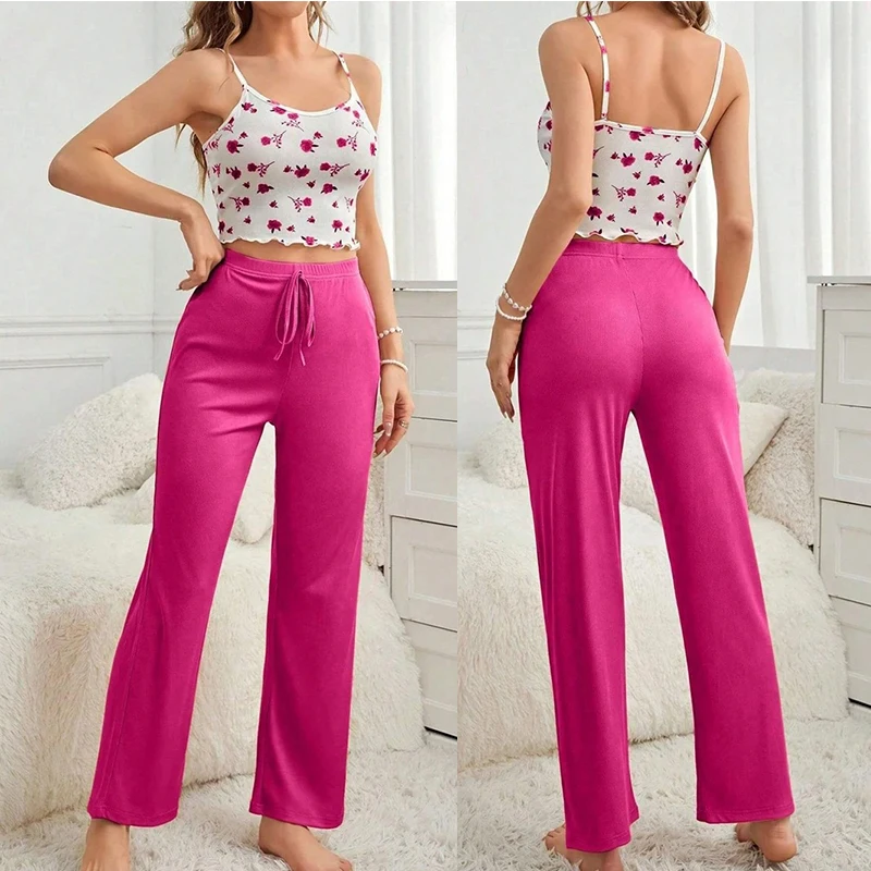 

Ladies' Sexy Floral Print Pajama Set Soft Spaghetti Strap Top With And Elastic Pants For Comfortable Sleepwear and Loungewear