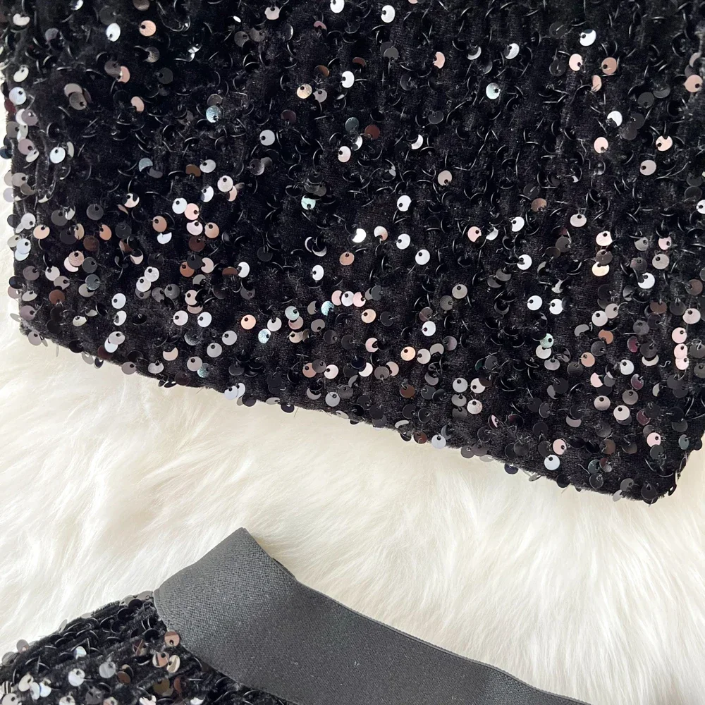 冬のスパンコールセクシーなツーピースセット女性背中の開いたノースリーブグリッタータンクトップとミディスカートスーツ女性のファッション衣装