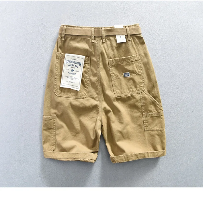 Men's Knee Length Cotton Cargo Shorts, Casual Streetwear, Loose Short Pants, Monochromatic, Khaki, Green, Summer Clothes