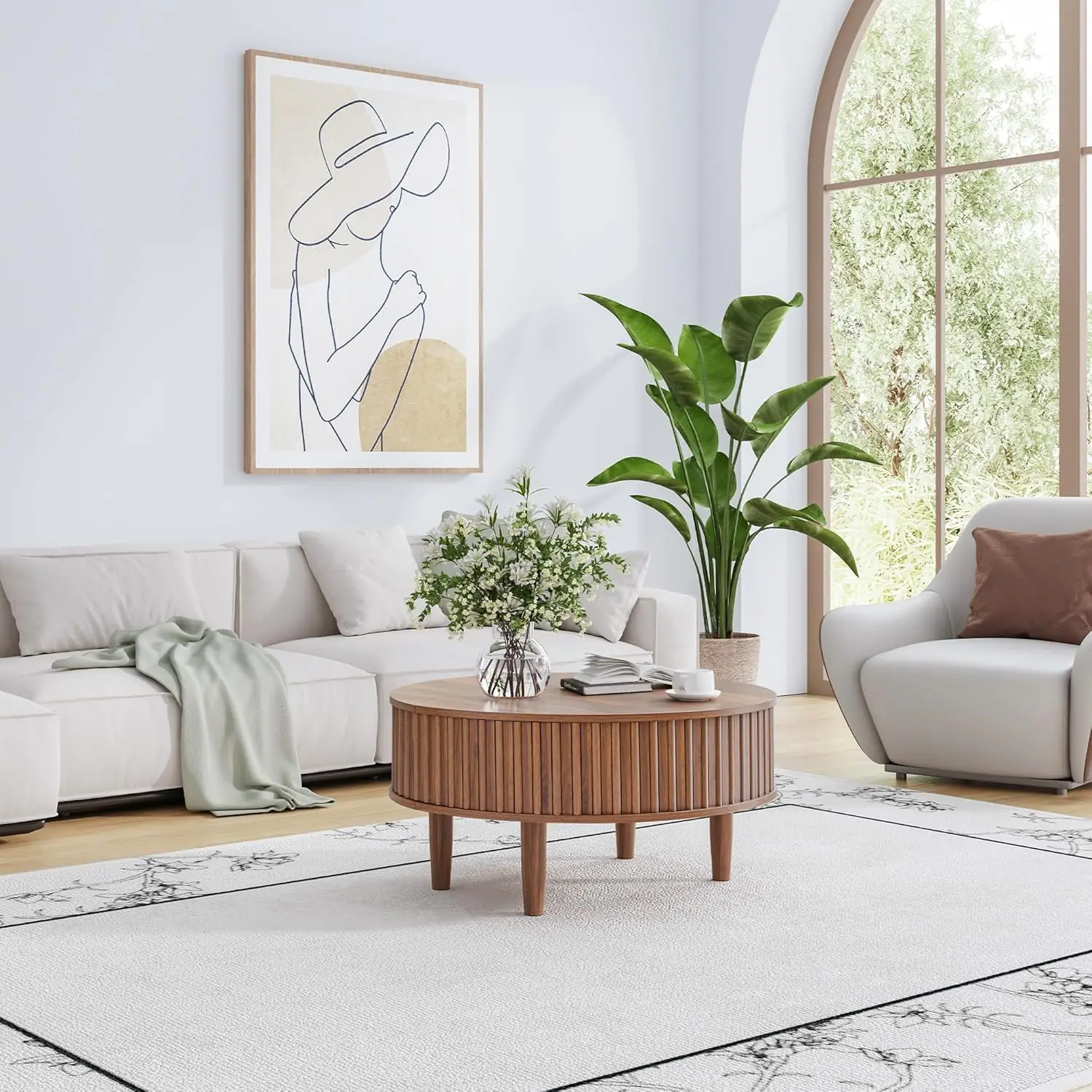 Okrągły stolik kawowy z podnoszonym blatem i schowkiem, stoliki kawowe w stylu mid-century modern z rowkowanym wzorem, do małych przestrzeni, drewniany blat 80 cm, możliwość personalizacji