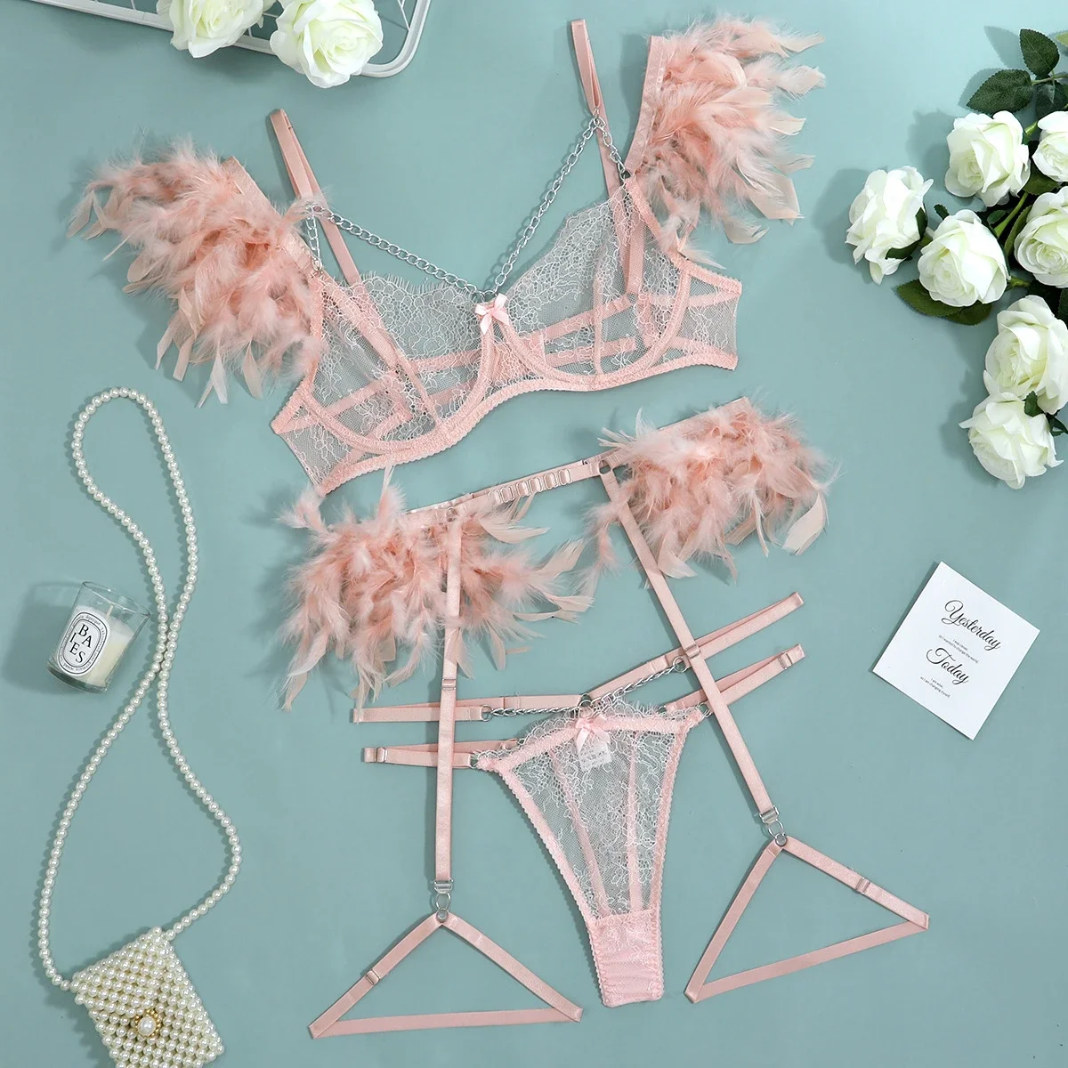 Feathers Transparent Bra Lingerie Set Sexy Underwear Women Body Chain Lace Exotic Set Luxury Intimate See Through Bra and Panty