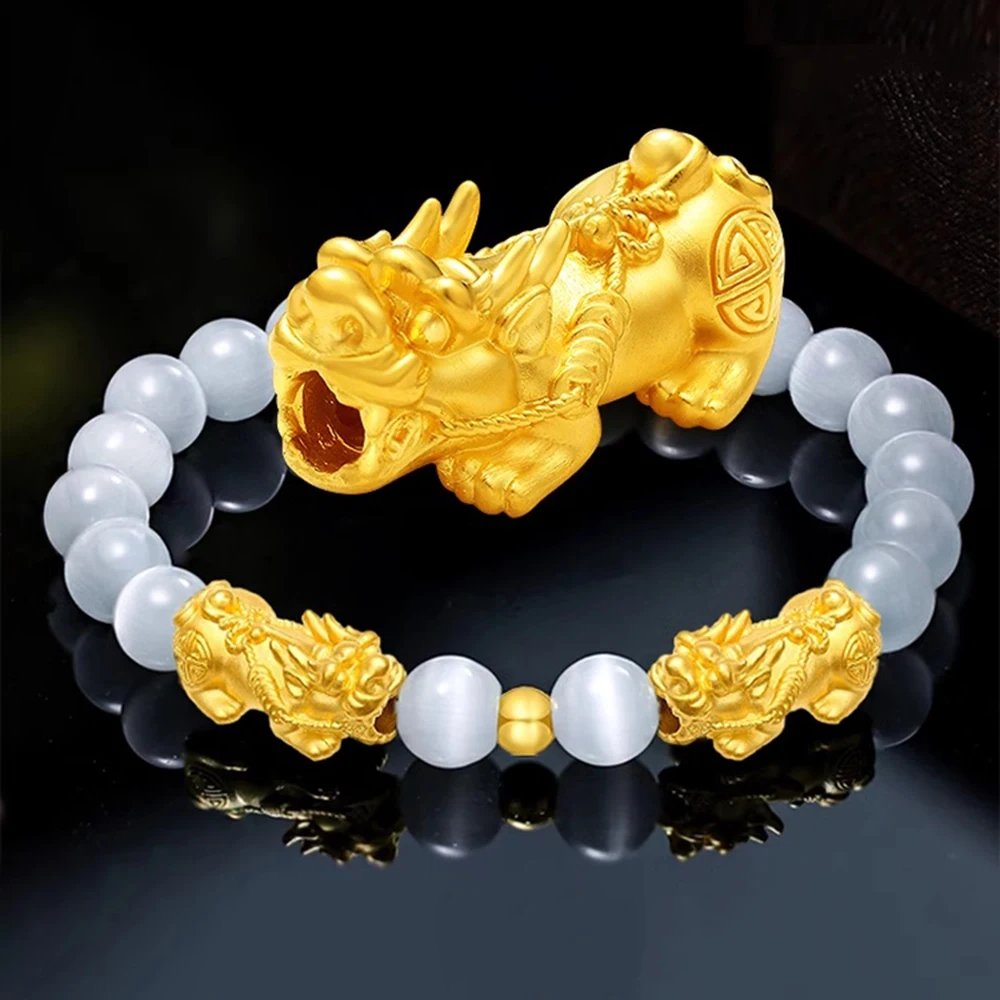 New Real 999 24K Yellow Gold Women Bracelet Lucky Bless Pixiu White Cat Eyes Stone Beads