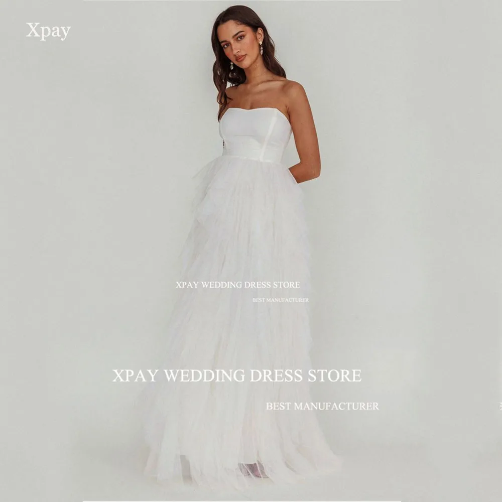 XPAY Sweetheart Satin Tulle A Line Wedding Dresses Customised Draped Boho Bridal Gown Sleeveless Open Back Floor Bride Dress