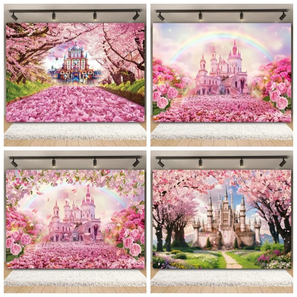 

Spring Castle Floral Backdrop Wonderland Flower Girl Princess Baby Birthday Decor Banner Photography Background for Photo Studio
