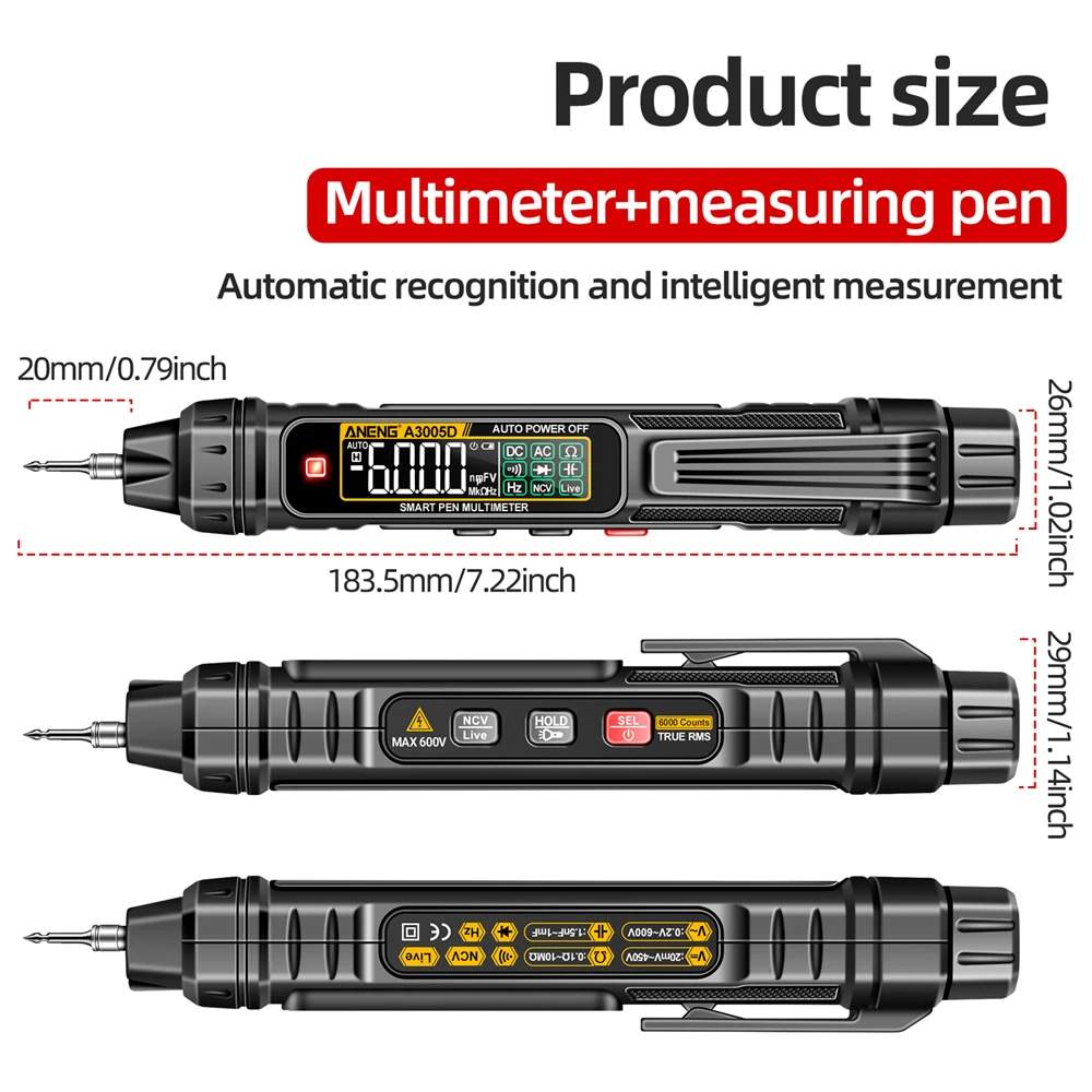 A3005D 6000 Counts Pen Digital Multimeter True RMS AC/DC Voltage Tester NCV Hz Ohm Professional Electric Test Tool with VA Light