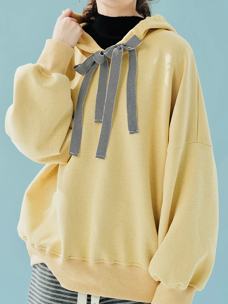 imakokoni soft yellow air layer hoodie 2024 autumn and winter hat cover versatile thick hoodie 244872