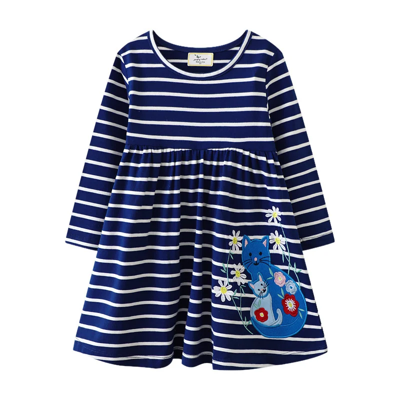 Jumping Meters Striped Long Sleeve Princess Girls Dresses Animals Applique Children's Clothes Party Fashion Kids Frocks