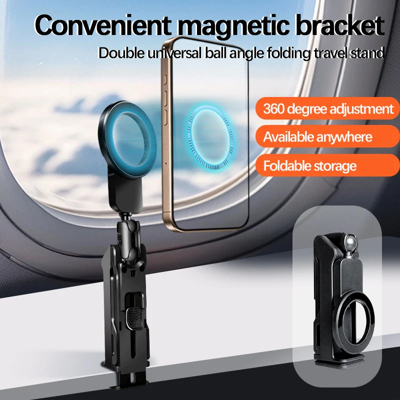 Magnetic Phone Stand Foldable Desktop Rotatable Travel Holder for Train Airplane Car, MagSafe Compatible 360 °   Multi-Angle Rot