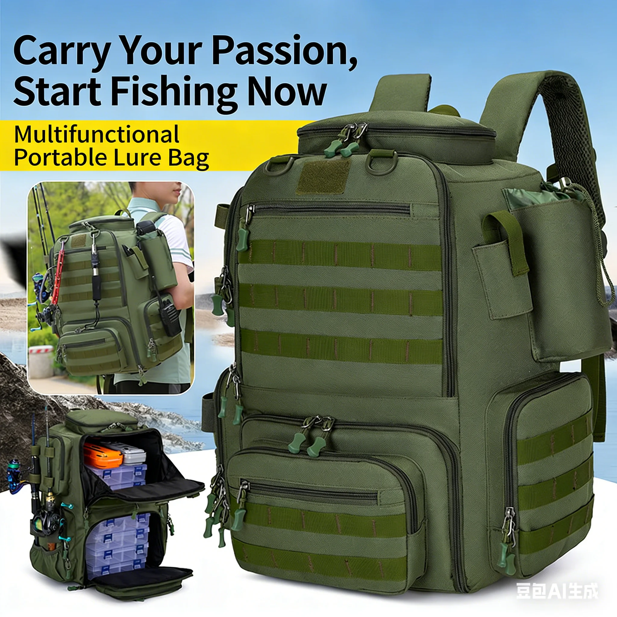 

Уличная сумка для рыбалки большой емкости с держателями для удочек, многофункциональный водонепроницаемый камуфляжный тактический походный рюкзак, походные сумки