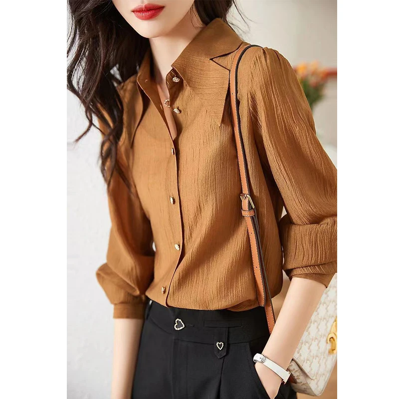 Women Korean Style Design Elegant Button Up Shirt Autumn Office Lady Business Casual Blouse Long Sleeve Loose Tops Solid Blusas