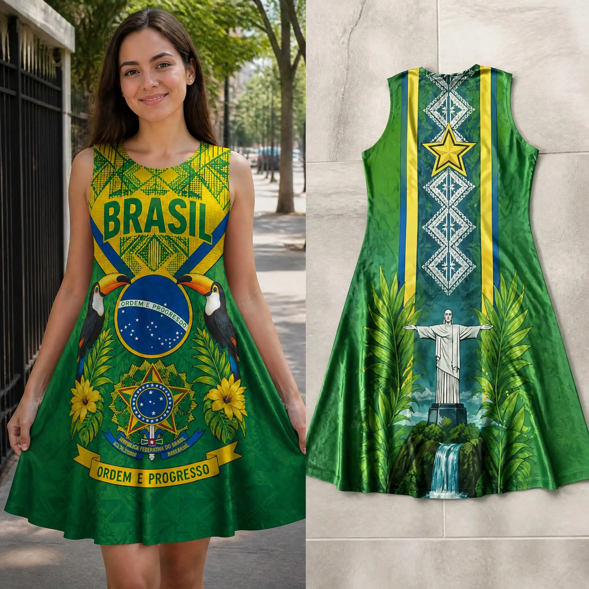 

Womens Brazil Green Sleeveless Loose Dress Geometric Print Summer Casual A Line Tank Dress Vacation Street Outfit Daily Wear Fit