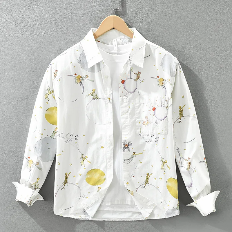 

Men Cartoon Printed 100% Cotton Long Sleeved Turndown Collar Shirt Male Fashionable Versatile Artistic Casual Loose Top Cloth