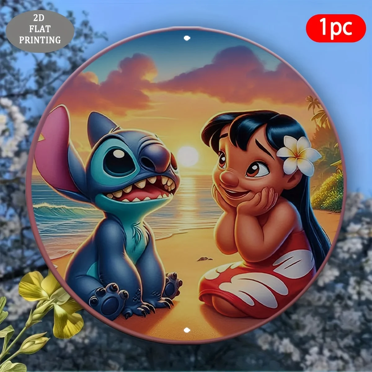 لافتة ألومنيوم دائرية مسطحة ثنائية الأبعاد، قطعة واحدة من Lilo & Stitch Beach Sunset - لوحة زخرفية مسطحة ثنائية الأبعاد بتصميم استوائي نابض بالحياة، مثالية