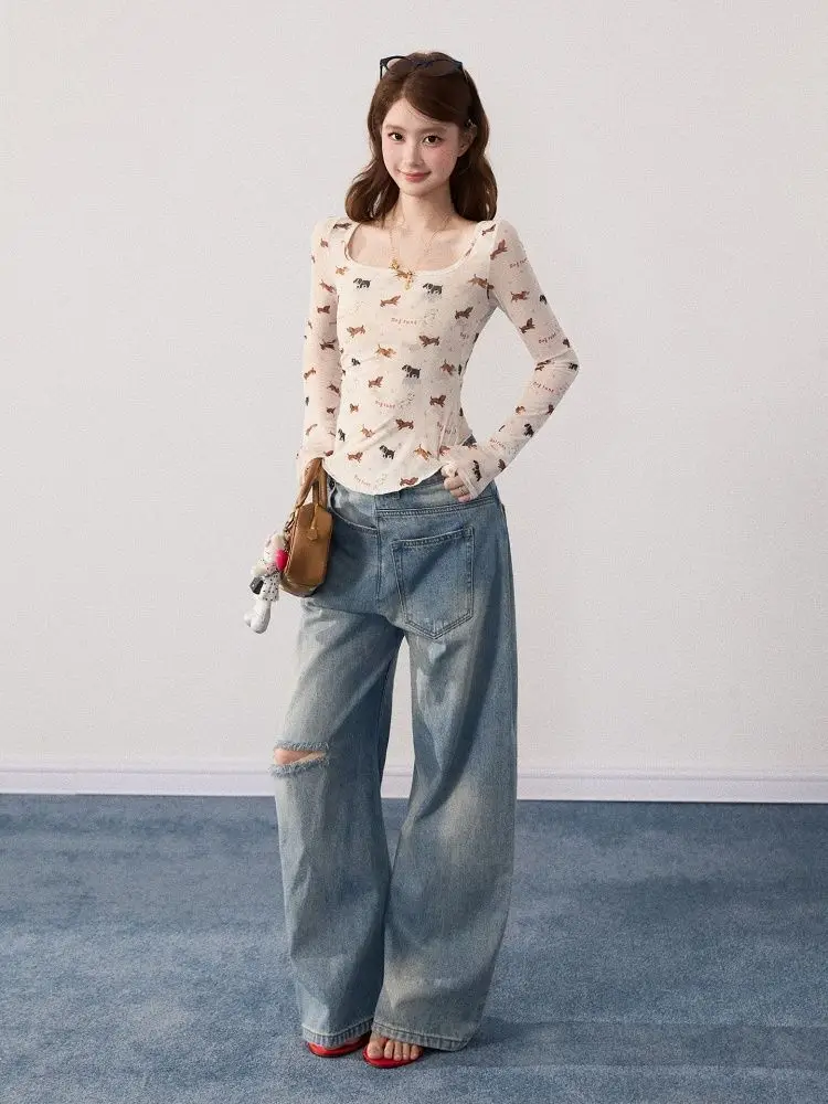 Y2k americano retro impresso t camisa feminina harajuku bodycon manga longa topo início do outono streetwear blusa coreano chique roupas femininas